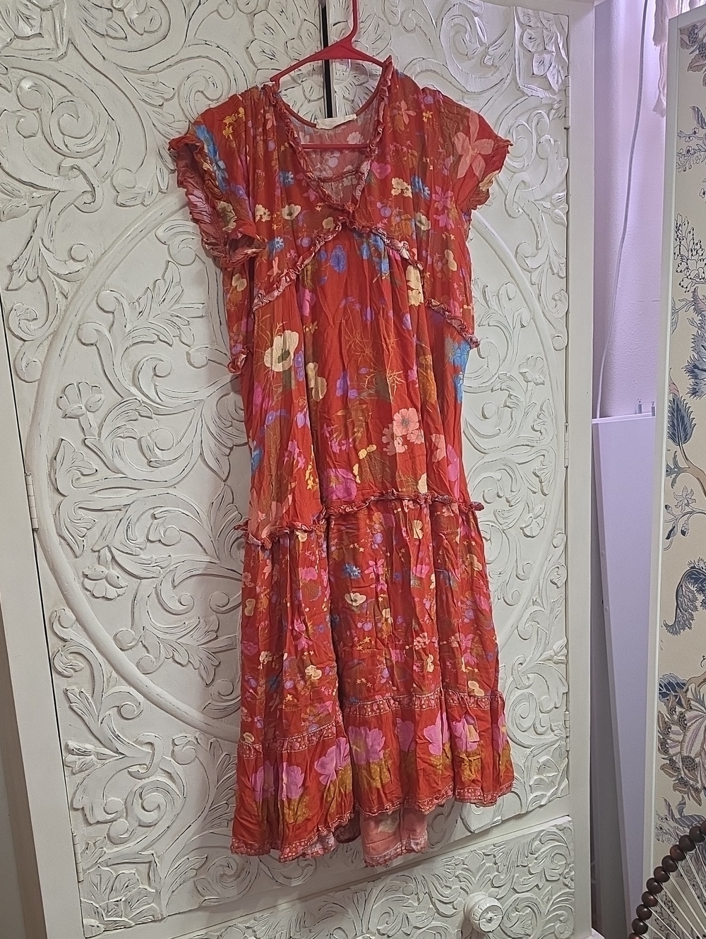 XS Spell Coral Floral Tiered Dress